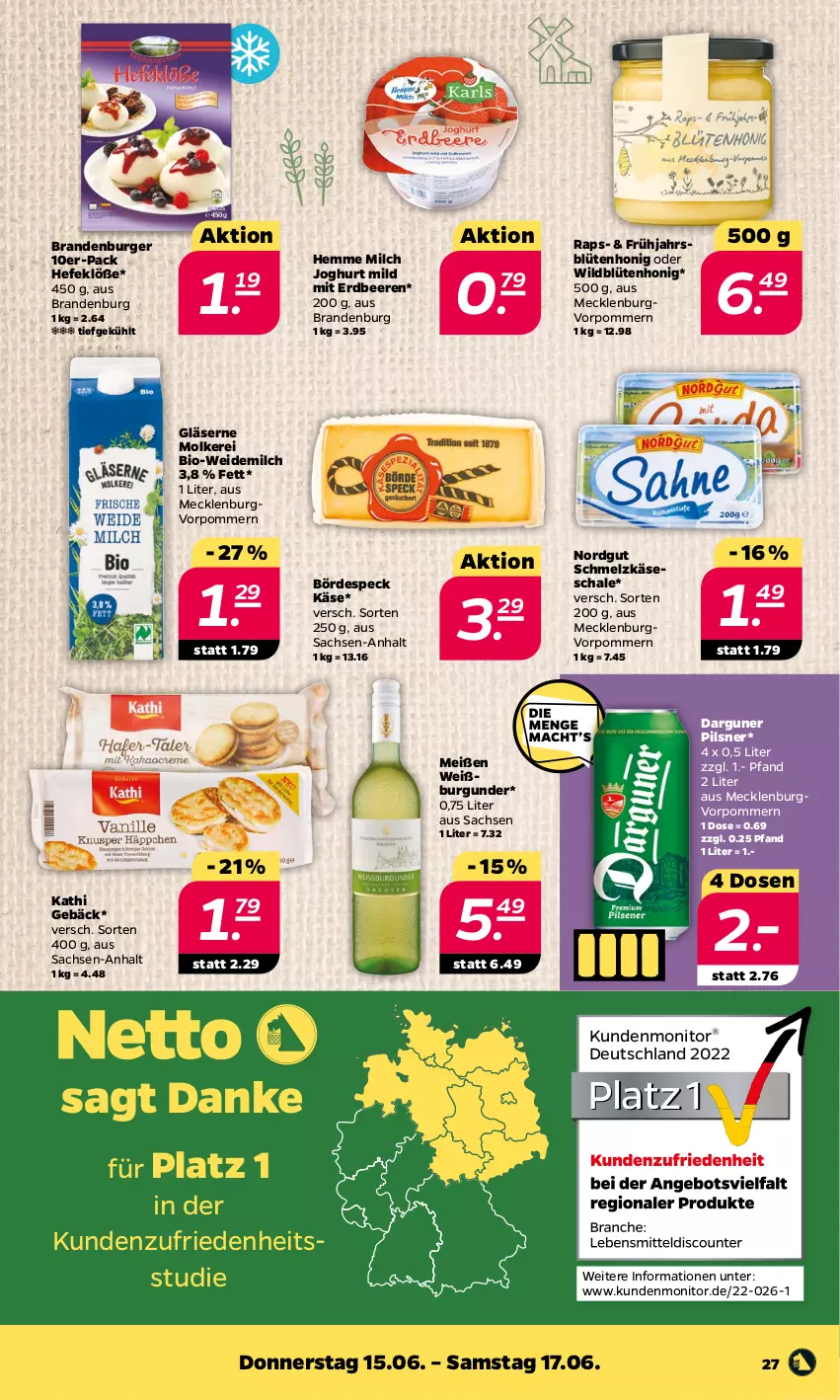 Aktueller Prospekt Netto - Woche 24 - von 12.06 bis 17.06.2023 - strona 27 - produkty: beere, beeren, bio, Blüte, blütenhonig, burger, burgunder, erdbeere, erdbeeren, Gläser, Hefe, honig, joghur, joghurt, joghurt mild, Käse, milch, monitor, pils, pilsner, sac, Schal, Schale, Schmelzkäse, Speck, Ti, weidemilch, Weißburgunder, Wild