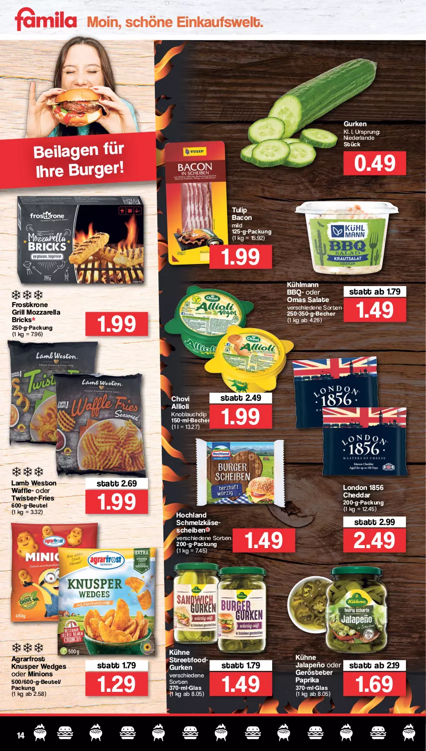 Aktueller Prospekt Famila - Prospekte - von 16.05 bis 21.05.2022 - strona 14 - produkty: agrarfrost, allioli, bacon, Becher, beutel, burger, cheddar, chovi, dip, grill, gurke, gurken, hochland, ilag, jalapeño, Käse, käsescheiben, knoblauch, Knoblauchdip, krone, kühlmann, Kühne, mozzarella, paprika, rel, salat, salate, Schmelzkäse, tulip, wedges