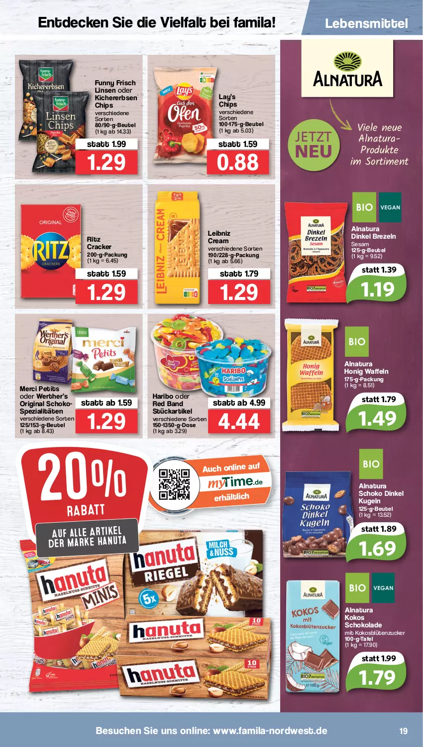 Aktueller Prospekt Famila - Prospekte - von 16.05 bis 21.05.2022 - strona 19 - produkty: beutel, Blüte, brezel, Brezeln, chips, cracker, decke, erbsen, Funny Frisch, gin, hanuta, haribo, honig, kichererbsen, Kichererbsen Chips, kokos, Kugel, lebensmittel, leibniz, linsen, merci, natur, natura, schoko, schokolade, sesam, Spezi, Ti, waffeln, zucker