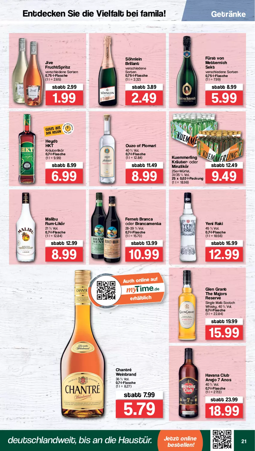 Aktueller Prospekt Famila - Prospekte - von 16.05 bis 21.05.2022 - strona 21 - produkty: aust, chantré, decke, elle, Fernet, fernet branca, flasche, frucht, fürst von metternich, getränk, getränke, Glen Grant, Havana Club, kräuter, kräuterlikör, kuemmerling, likör, Malibu, merl, Mett, metternich, ouzo, rum, scotch, scotch whisky, sekt, single malt, söhnlein, söhnlein brillant, wein, weinbrand, whisky, würfel, yeni raki