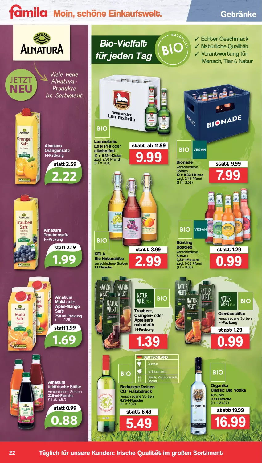 Aktueller Prospekt Famila - Prospekte - von 16.05 bis 21.05.2022 - strona 22 - produkty: alkohol, apfel, apfelsaft, bio, bionade, cuvée, flasche, getränk, getränke, lamm, mac, mango, natur, natura, orange, orangen, orangensaft, pasta, pils, saft, säfte, salat, Ti, trauben, Traubensaft, Vegeta, vodka