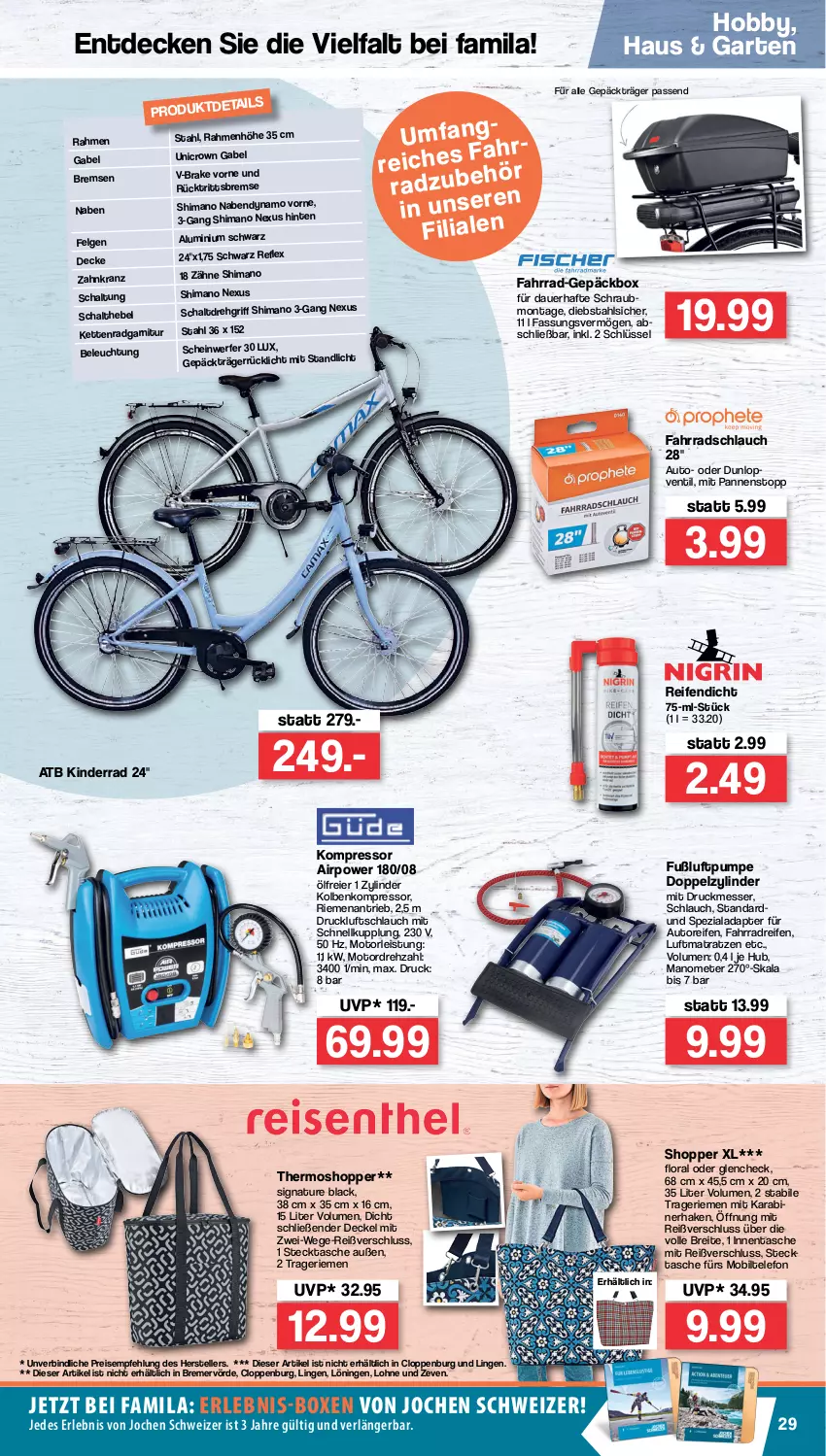 Aktueller Prospekt Famila - Prospekte - von 16.05 bis 21.05.2022 - strona 29 - produkty: adapter, auer, auto, beleuchtung, Brei, decke, Deckel, dunlop, eier, eis, elle, Fahrrad, felgen, gabel, garnitur, Garten, Hobby, Kette, Kinder, kompressor, Kranz, lack, LG, luftmatratze, matratze, matratzen, messer, nabendynamo, natur, nexus, reifen, reis, rücklicht, Schal, schlauch, shimano, Spezi, Tasche, telefon, teller, Ti