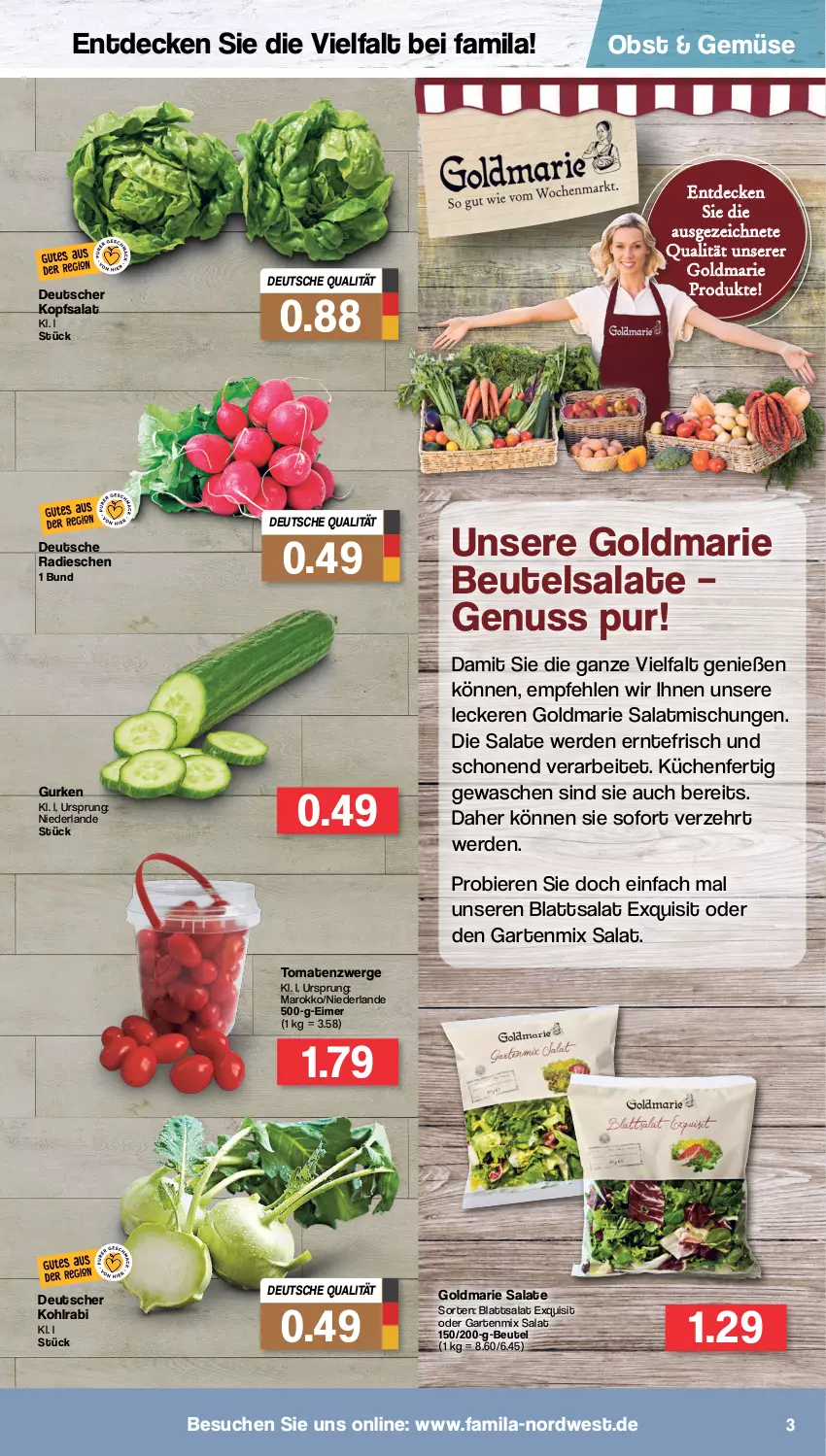 Aktueller Prospekt Famila - Prospekte - von 16.05 bis 21.05.2022 - strona 3 - produkty: beutel, bier, Biere, decke, eimer, erde, Garten, goldmarie, gurke, gurken, kohlrabi, kopfsalat, küche, Küchen, nuss, obst, radieschen, salat, salate, Ti, tomate, tomaten