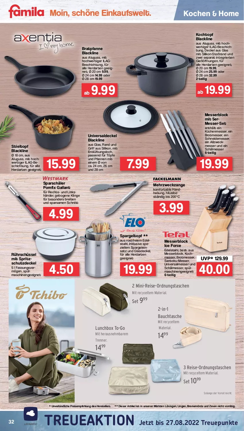 Aktueller Prospekt Famila - Prospekte - von 16.05 bis 21.05.2022 - strona 32 - produkty: Bau, bratpfanne, Brei, brot, decke, Deckel, edelstahl, eis, elle, Glasdeckel, herdarten, ilag, Kochtopf, küche, Küchen, lack, lunchbox, messer, messerblock, pfanne, pfannen, reis, Ria, Rührschüssel, schüssel, spargel, Spezi, Spritzschutz, Tasche, taschen, teller, Ti, topf, und pfanne, weck