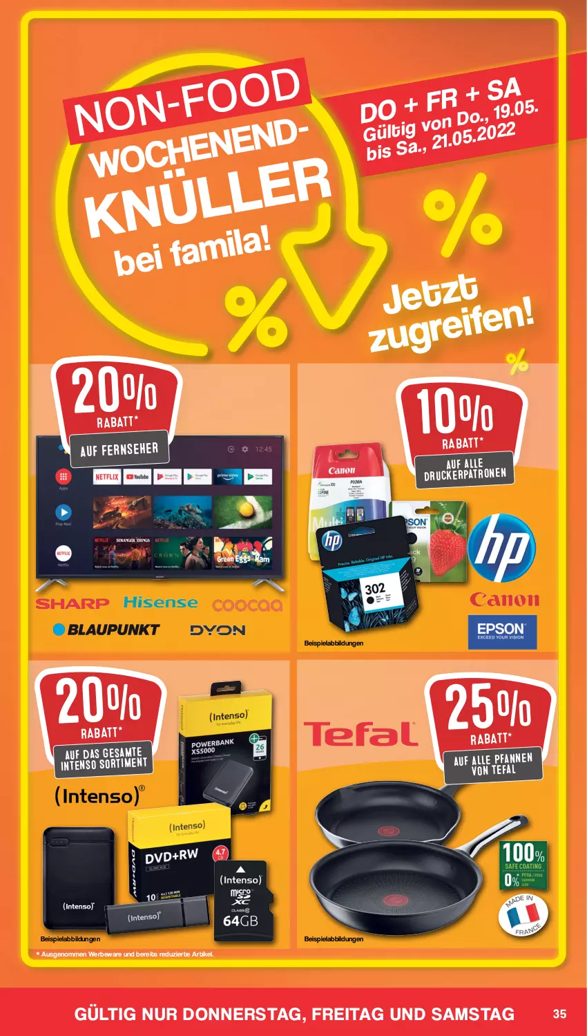 Aktueller Prospekt Famila - Prospekte - von 16.05 bis 21.05.2022 - strona 35 - produkty: beispielabbildung, drucker, eis, fernseher, intenso, pfanne, pfannen, tefal, Ti