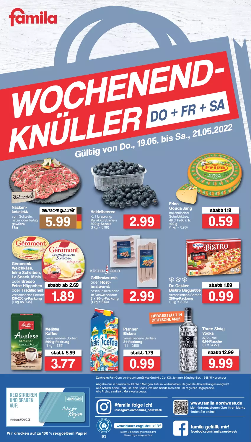 Aktueller Prospekt Famila - Prospekte - von 16.05 bis 21.05.2022 - strona 36 - produkty: auer, baguette, beere, beeren, Bistro Baguette, bratwurst, bresso, Dr. Oetker, drucker, eis, eistee, Engel, flasche, frico, géramont, gewürz, gouda, gouda jung, grill, grillbratwurst, heidelbeere, heidelbeeren, holländischer schnittkäse, kaffee, Käse, kerze, kotelett, LG, melitta, natur, papier, pfanne, Pfanner, Rauch, regal, reis, rwe, Schal, Schale, schnittkäse, schwein, schweine, snack, tee, Three Sixty, Ti, vodka, weichkäse, wein, weine, wurst