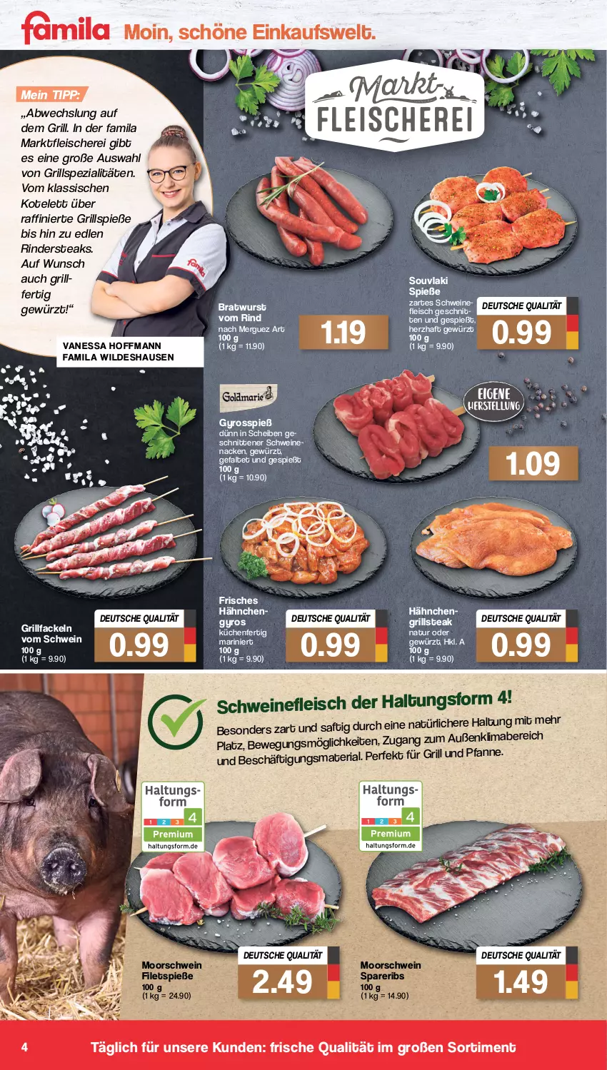 Aktueller Prospekt Famila - Prospekte - von 16.05 bis 21.05.2022 - strona 4 - produkty: bratwurst, eis, filet, filets, fleisch, Fleischerei, für grill und pfanne, gewürz, grill, grill und pfanne, grillfackeln, Grillspieße, gyros, kotelett, küche, Küchen, mab, natur, pfanne, Ria, rind, rinder, Rindersteak, saft, Schere, schnitten, schwein, schweine, schweinefleisch, spareribs, Spezi, steak, steaks, Ti, und pfanne, wein, weine, Wild, wurst