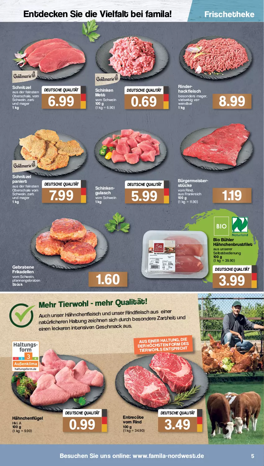 Aktueller Prospekt Famila - Prospekte - von 16.05 bis 21.05.2022 - strona 5 - produkty: bio, braten, brustfilet, decke, dell, eis, elle, entrecôte, filet, fleisch, frikadellen, Germ, gulasch, hackfleisch, hähnchenbrust, hähnchenbrustfilet, Hähnchenfleisch, hähnchenflügel, mac, Meister, Mett, pfanne, pfannen, rind, rinder, rindfleisch, Schal, Schale, schinken, schnitzel, schwein, Ti, wein