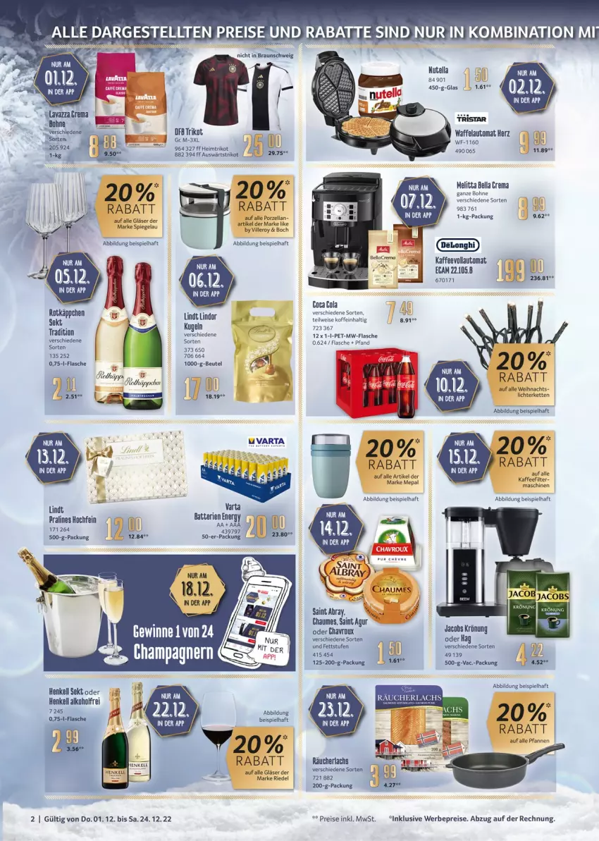 Aktueller Prospekt Selgros - Adventskalender - von 01.12 bis 24.12.2022 - strona 2 - produkty: alkohol, auto, bella crema, beutel, bohne, braun, chaumes, chavroux, cola, eis, flasche, Gläser, henkel, henkell, jacobs, jacobs krönung, kaffee, kaffeevollautomat, Kette, lachs, lichterkette, lindor, lindt, melitta, mw-flasche, nutella, pfanne, pfannen, Räucherlachs, reis, Saint Agur, sekt, spiegel, Ti, Trikot, varta, Yo