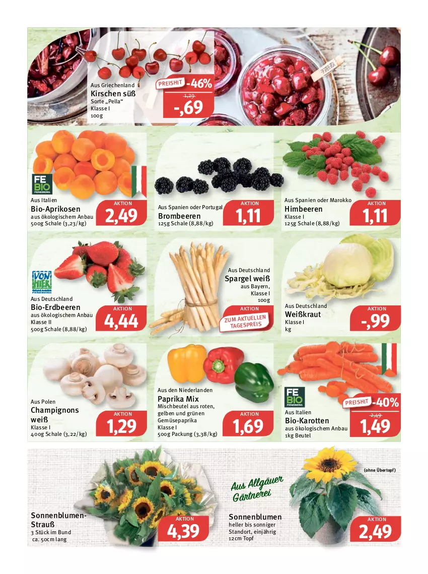 Aktueller Prospekt Feneberg - Prospekte - von 09.06 bis 11.06.2022 - strona 5 - produkty: aprikose, aprikosen, Bau, beere, beeren, beutel, bio, bio-karotten, blume, blumen, Blumenstrauß, brombeere, brombeeren, champignon, champignons, eis, elle, erdbeere, erdbeeren, himbeer, himbeere, himbeeren, karotten, kirsch, kirsche, kirschen, Kraut, LG, paprika, paprika mix, reis, Schal, Schale, sonnenblume, sonnenblumen, spargel, Ti, topf, übertopf