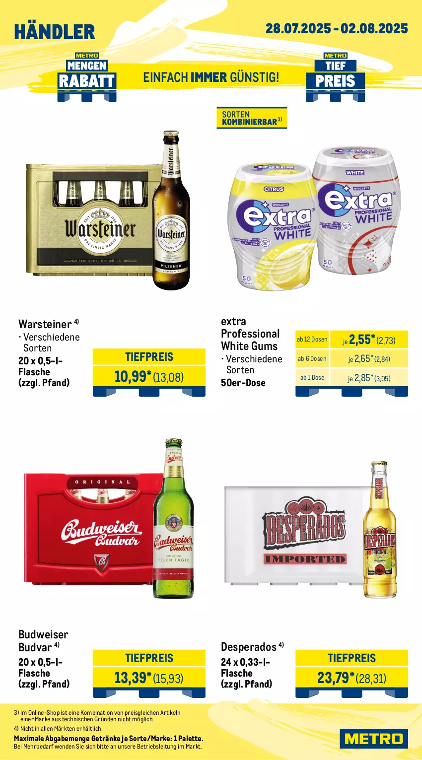 Aktueller Prospekt Metro - Wochen-Angebote Händler - von 28.07 bis 02.08.2025 - strona 5 - produkty: budweiser, desperados, eis, flasche, getränk, getränke, Palette, reis, steiner, Ti, tiefpreis, warsteiner