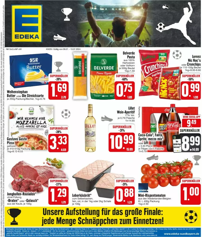 Aktueller Prospekt Edeka - Prospekte - von 08.07 bis 13.07.2024 - strona 1 - produkty: aperitif, Becher, beutel, butter, chips, coca-cola, cola, crunchips, deka, erde, fanta, flasche, gulasch, hartweizen, jungbullen, Käse, korn, leberkäs, LG, lillet, lorenz, Mezzo Mix, mini-rispentomaten, mozzarella, nic nac's, pasta, rel, rispentomaten, rouladen, Schal, Schale, schnäppchen, sprite, Streichzart, Ti, tomate, tomaten, weihenstephan, wein