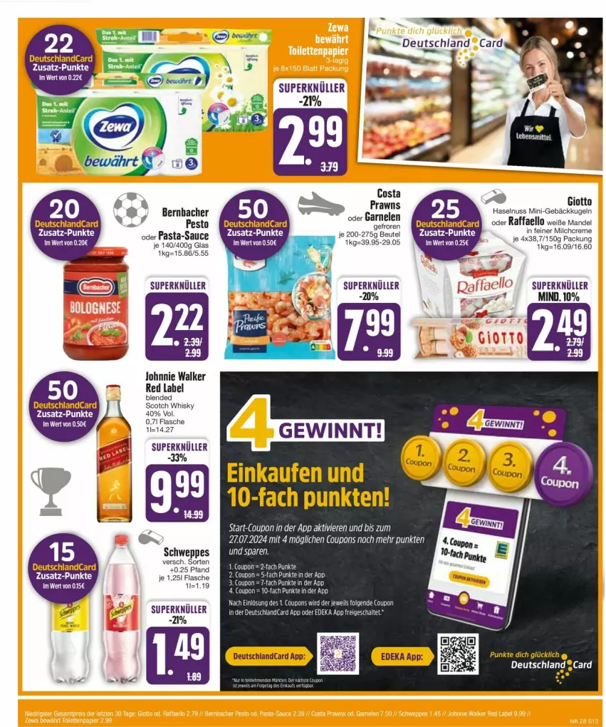 Aktueller Prospekt Edeka - Prospekte - von 08.07 bis 13.07.2024 - strona 13 - produkty: bernbacher, beutel, deutschlandcard, eis, flasche, garnelen, giotto, haselnuss, johnnie walker, Kugel, milch, nuss, pasta, pasta-sauce, pesto, prawns, raffaello, sauce, schweppes, scotch, scotch whisky, whisky