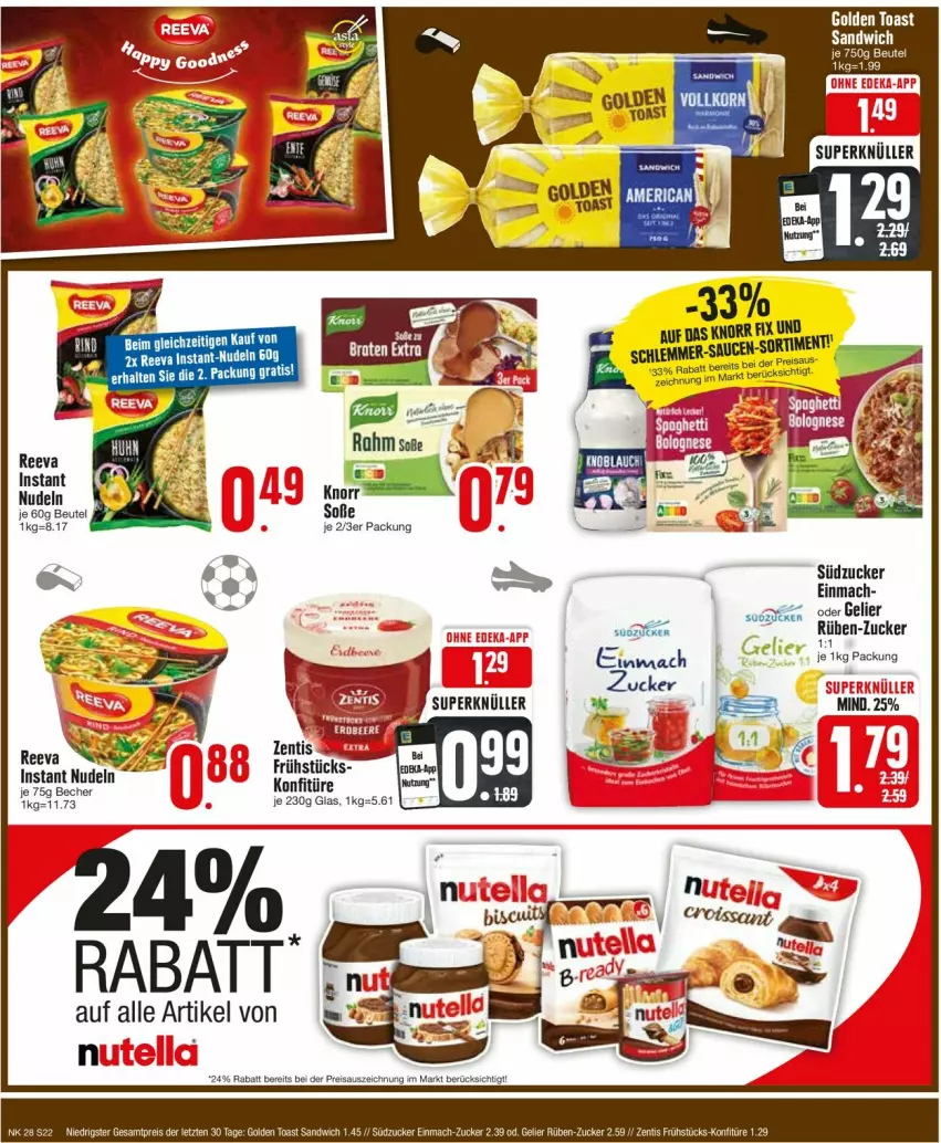 Aktueller Prospekt Edeka - Prospekte - von 08.07 bis 13.07.2024 - strona 22 - produkty: Becher, beutel, eis, golden toast, Instant-Nudeln, knorr, konfitüre, mac, nudel, nudeln, reis, sandwich, Soße, südzucker, Ti, toast, zucker