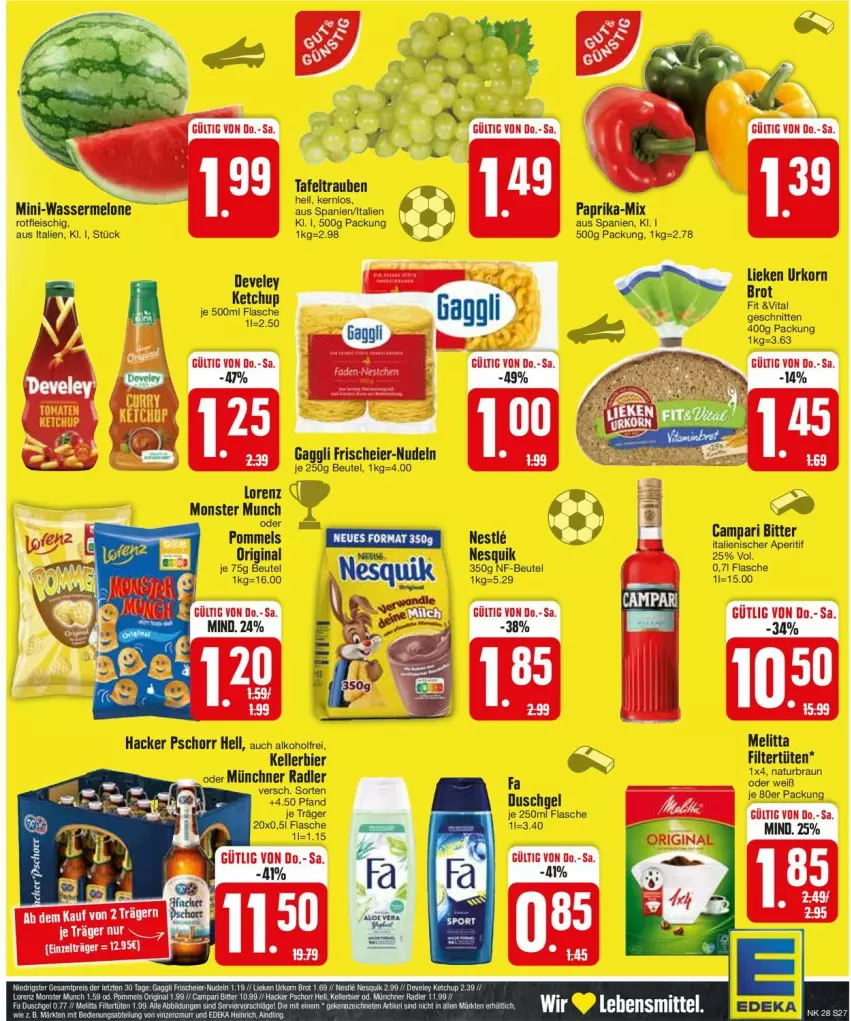 Aktueller Prospekt Edeka - Prospekte - von 08.07 bis 13.07.2024 - strona 27 - produkty: beutel, braun, campari, develey, eier, flasche, korn, lieken, melitta, natur, nudel, nudeln, schnitten, tafeltrauben, Ti, trauben, Tüte, urkorn