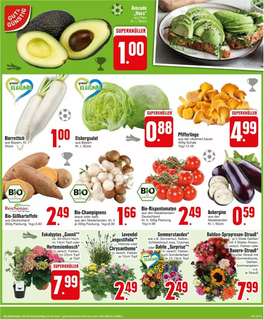 Aktueller Prospekt Edeka - Prospekte - von 08.07 bis 13.07.2024 - strona 3 - produkty: aubergine, bier, bio, blume, braun, champignon, champignons, cosmea, dahlie, eier, eis, eisbergsalat, gin, hortensie, hortensien, kartoffel, kartoffeln, Kraut, lavendel, Pfifferlinge, rasen, Rettich, rispentomaten, salat, Schal, Schale, sonnenblume, stauden, Süßkartoffeln, Ti, tomate, tomaten, topf