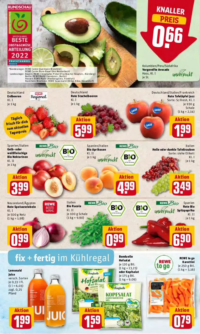 Aktueller Prospekt Rewe - Prospekte - von 20.06 bis 26.06.2022 - strona 2 - produkty: aprikose, aprikosen, avocado, beere, beeren, bio, bonduelle, Cif, cola, eis, Elan, elle, ente, erdbeere, erdbeeren, fisch, fleisch, kopfsalat, kühlregal, Nektar, nektarinen, paprika, regal, rote tafeläpfel, rucola, salat, Schal, Schale, Speisezwiebeln, Spitzpaprika, Stachelbeeren, tafeläpfel, tafeltrauben, Ti, trauben, zwiebel, zwiebeln