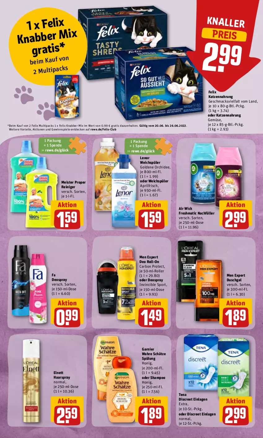 Aktueller Prospekt Rewe - Prospekte - von 20.06 bis 26.06.2022 - strona 20 - produkty: Air Wick, decke, deo, deo roll-on, deospray, Discreet, duschgel, eis, elnett, felix, garnier, gewinnspiel, haarspray, honig, katzennahrung, lenor, lenor weichspüler, mac, Meister, meister proper, oder deospray, orchidee, pril, reiniger, reis, roll-on, Roller, shampoo, Spiele, Sport, spülung, Ti, Wahre Schätze, weichspüler, WICK