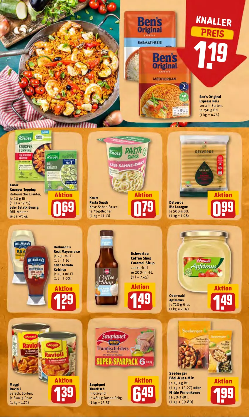 Aktueller Prospekt Rewe - Prospekte - von 20.06 bis 26.06.2022 - strona 22 - produkty: apfel, apfelmus, Becher, Ben’s Original, Berger, bio, caramel, eis, erde, fisch, gin, in olivenöl, Käse, ketchup, knorr, knorr pasta, kräuter, lasagne, maggi, mayonnaise, nuss, odenwald, olive, oliven, olivenöl, pasta, pasta snack, pinienkerne, ravioli, reis, sahne, salat, salatkrönung, sauce, saupiquet, Schwartau, seeberger, sirup, snack, thunfisch, Ti, tomato ketchup, Yo, zucker