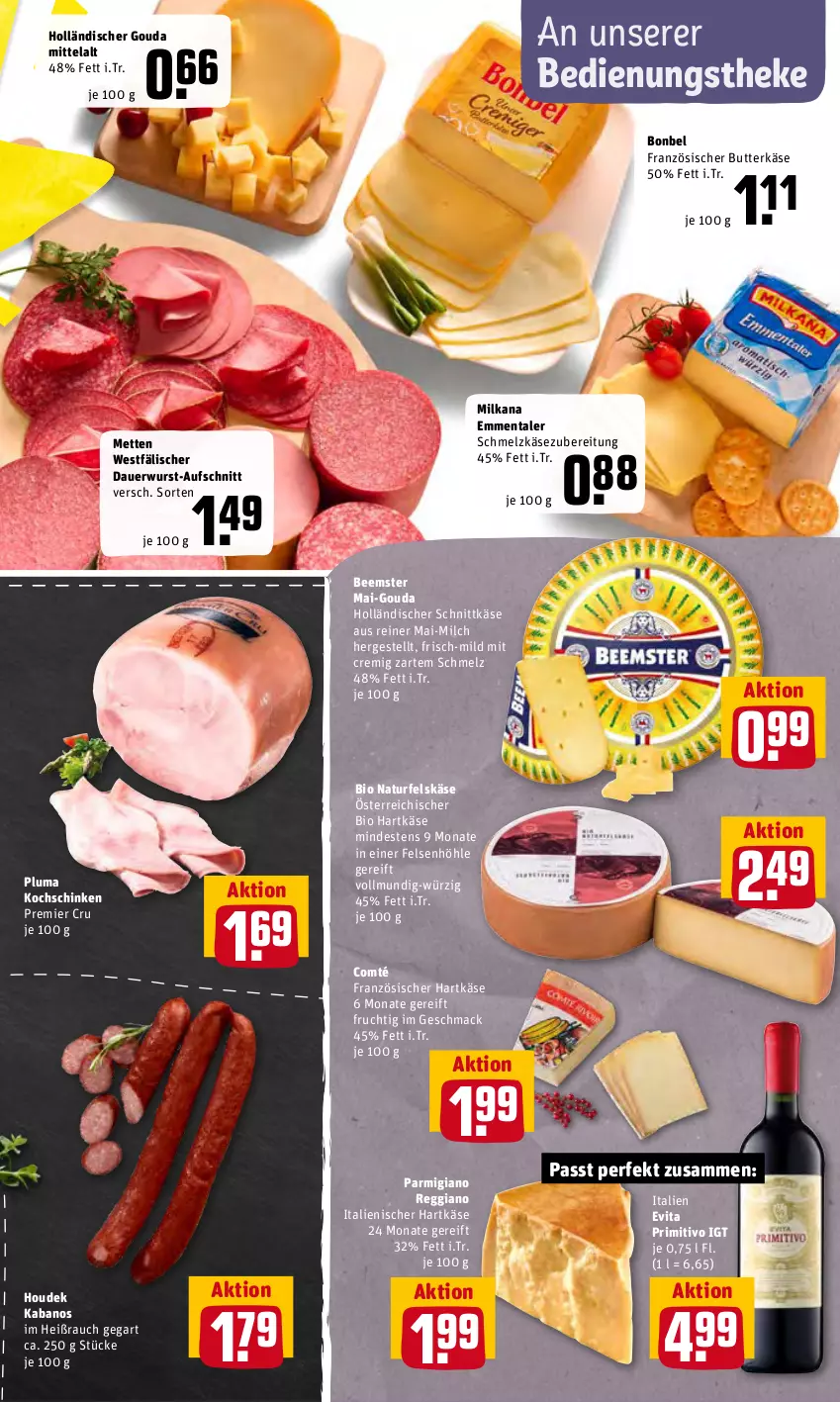 Aktueller Prospekt Rewe - Prospekte - von 20.06 bis 26.06.2022 - strona 7 - produkty: auer, aufschnitt, Beemster, bio, bonbel, butter, butterkäse, comté, emmentaler, frucht, gouda, hartkäse, holländischer schnittkäse, houdek, italienischer hartkäse, kabanos, Käse, kochschinken, mac, Mett, metten, milch, milka, milkana, natur, parmigiano, parmigiano reggiano, primitivo, Rauch, reggiano, schinken, Schmelzkäse, schmelzkäsezubereitung, schnittkäse, Ti, vita, wurst