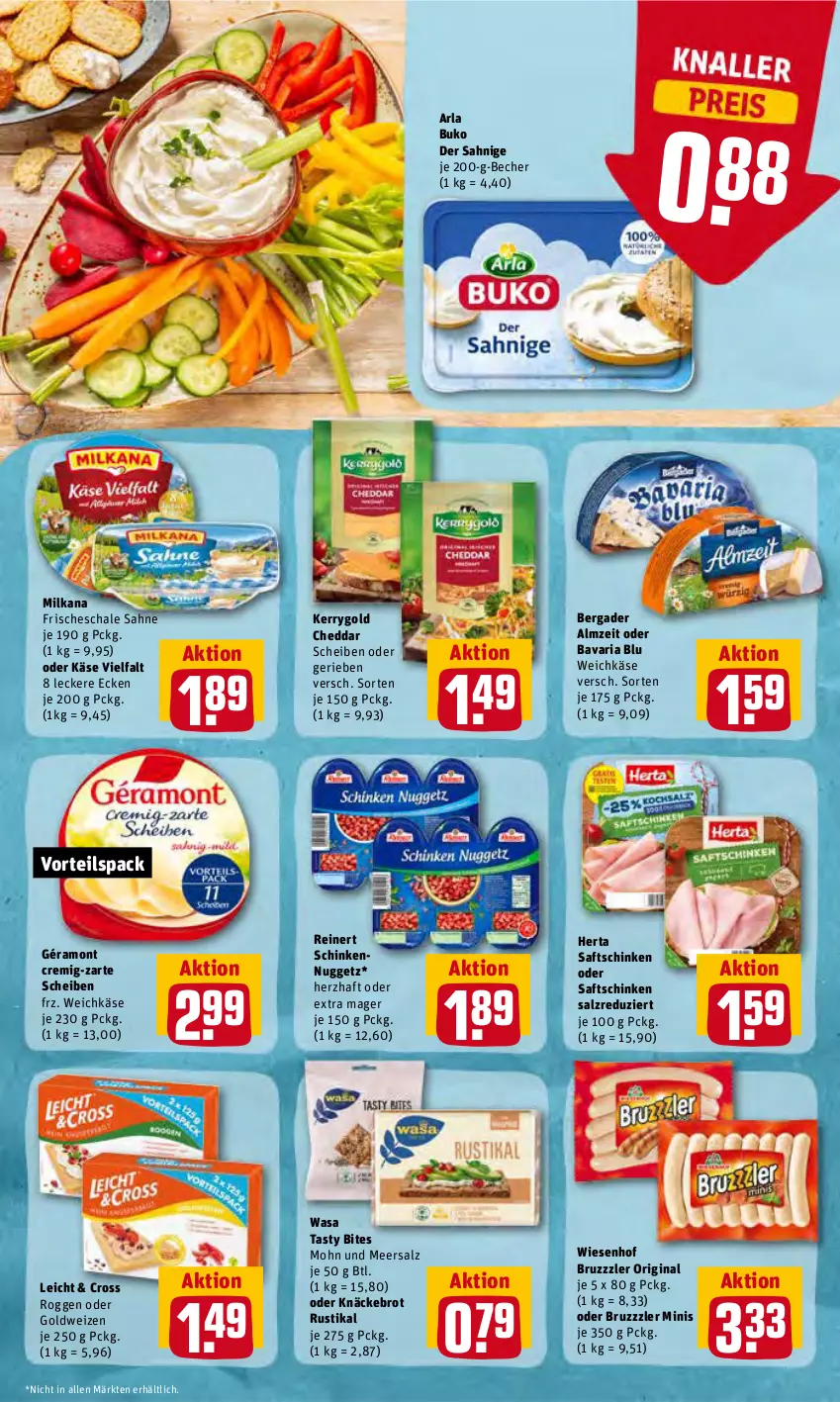 Aktueller Prospekt Rewe - Prospekte - von 20.06 bis 26.06.2022 - strona 8 - produkty: arla, arla buko, bavaria blu, Becher, bergader, bites, brot, bruzzzler, Buko, cheddar, géramont, gin, herta, Käse, käse vielfalt, kerrygold, knäckebrot, meersalz, milka, milkana, reinert, Ria, saft, saftschinken, sahne, salz, Schal, Schale, schinken, Ti, wasa, weichkäse, wiesenhof