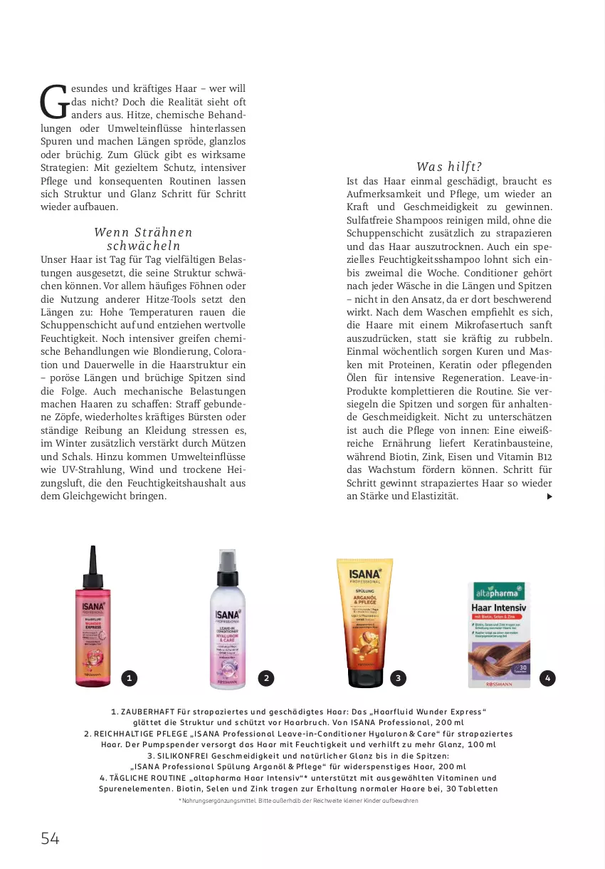 Aktueller Prospekt Rossmann - Prospekte - von 01.10.2025 bis 31.03.2026 - strona 54 - produkty: Altapharma, asti, auer, aust, Bau, bio, bürste, bürsten, eis, elle, ente, hyaluron, isana, Kinder, kleid, Kleidung, kraft, leine, LG, mac, Maske, mikrofaser, Mütze, Rauch, reifen, ring, rwe, sana, Schal, shampoo, Spezi, spülung, tablet, tablett, Tablette, Ti, Tiere, tuc, vita, Vitamin B, Vitamine