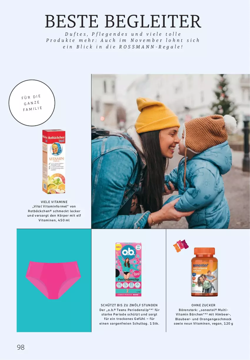 Aktueller Prospekt Rossmann - Prospekte - von 01.10.2025 bis 31.03.2026 - strona 98 - produkty: Blaubeer, himbeer, mac, O.b., orange, orangen, regal, Sanostol, slip, tee, Ti, vita, Vitamin B, Vitamine, zucker