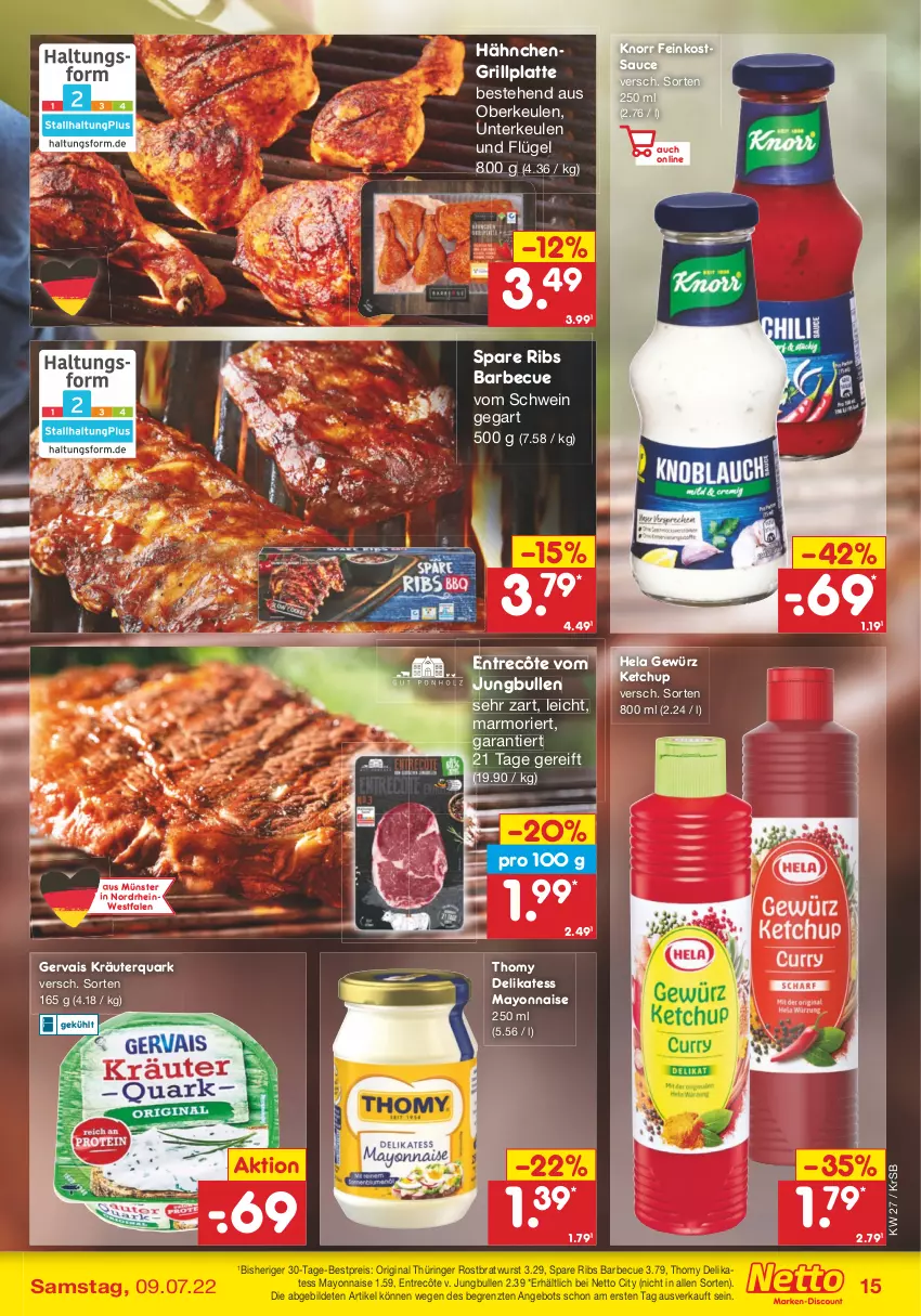 Aktueller Prospekt Netto Marken-Discount - Filial-Angebote - von 04.07 bis 09.07.2022 - strona 15 - produkty: angebot, barbecue, bestpreis, bratwurst, eis, entrecôte, feinkost, gervais, gewürz, gin, grill, grillplatte, Hela, jungbullen, ketchup, knorr, kräuter, latte, mayonnaise, original thüringer, quark, reis, ring, rostbratwurst, sauce, schwein, spare ribs, thomy, thüringer rostbratwurst, Ti, wein, wurst, Yo, ZTE