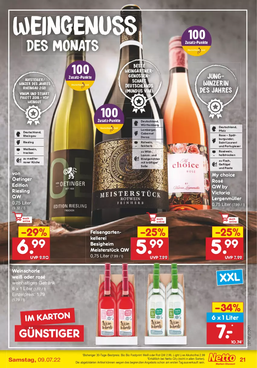 Aktueller Prospekt Netto Marken-Discount - Filial-Angebote - von 04.07 bis 09.07.2022 - strona 21 - produkty: alkohol, angebot, Berger, bestpreis, bio, burgunder, cabernet, eis, elle, fisch, Garten, Geflügel, getränk, küche, lamm, Meister, Müller, nuss, pasta, reis, Ria, riesling, rind, roséwein, rotwein, schorle, Soße, spätburgunder, Ti, wein, weinschorle, Weißwein, Wild, ZTE