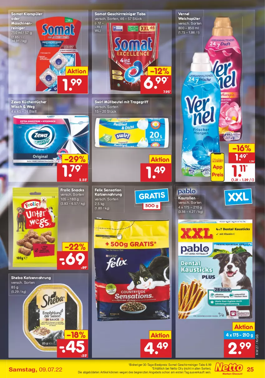 Aktueller Prospekt Netto Marken-Discount - Filial-Angebote - von 04.07 bis 09.07.2022 - strona 25 - produkty: angebot, bestpreis, beutel, eis, felix, frolic, geschirr, katzennahrung, klarspüler, küche, Küchen, küchentücher, maschinenreiniger, müllbeutel, reiniger, reis, sheba, snack, snacks, somat, swirl, Ti, tragegriff, tücher, vernel, weichspüler, zewa, ZTE