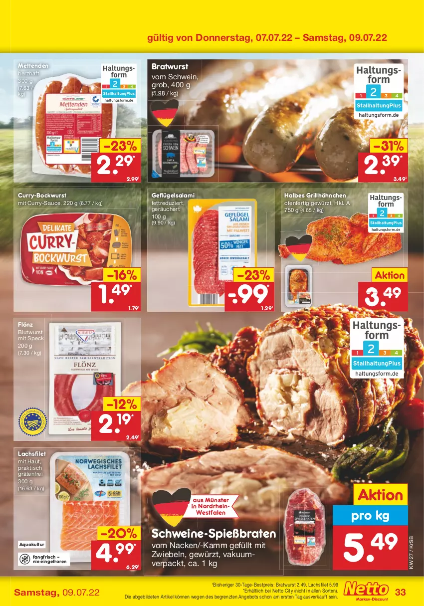 Aktueller Prospekt Netto Marken-Discount - Filial-Angebote - von 04.07 bis 09.07.2022 - strona 33 - produkty: angebot, aqua, bestpreis, bockwurst, braten, bratwurst, curry, eis, filet, Geflügel, gewürz, grill, grillhähnchen, lachs, lachsfilet, Mett, metten, Mettenden, mit zwiebeln, Ofen, reis, salami, sauce, schwein, schweine, Speck, Ti, tisch, wein, weine, wurst, ZTE, zwiebel, zwiebeln