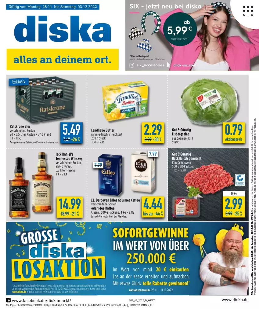 Aktueller Prospekt Diska - Prospekte - von 28.11 bis 03.12.2022 - strona 3 - produkty: aktionspreis, angebot, angebote, bier, butter, darbo, darboven, dell, eilles gourmet, eis, eisbergsalat, elle, flasche, fleisch, hackfleisch, Hefe, hefeweizen, jack daniel, jack daniel's, kaffee, krone, landliebe, mac, Mode, reis, rind, salat, schwein, Streichzart, tee, teller, tennessee whiskey, Ti, wein, whiskey, ZTE