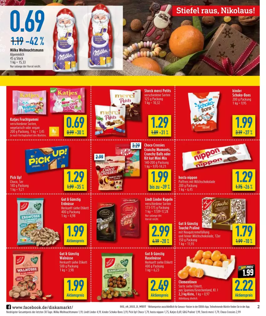 Aktueller Prospekt Diska - Prospekte - von 28.11 bis 03.12.2022 - strona 4 - produkty: aktionspreis, alpenmilch, choco crossies, crossies, deka, eis, katjes, Kinder, lindor, lindt, milch, milka, nuss, Pick Up!, reis, schoko, schoko-bons, storck, Ti, ZTE