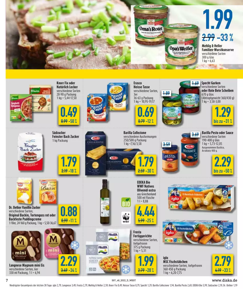 Aktueller Prospekt Diska - Prospekte - von 28.11 bis 03.12.2022 - strona 9 - produkty: barilla, basilico, bio, creme, deka, Dr. Oetker, edeka bio, eis, elle, erasco, fertiggericht, fertiggerichte, fisch, fischstäbchen, flasche, frosta, gin, gurke, gurken, iglo, knorr, knorr fix, langnese, magnum, Magnum Mini, mais, mehl, natives olivenöl, olive, oliven, olivenöl, olivenöl extra, pesto, pudding, reis, rote bete, sauce, specht, südzucker, tasse, Ti, torte, tortenguss, wurst, ZTE, zucker