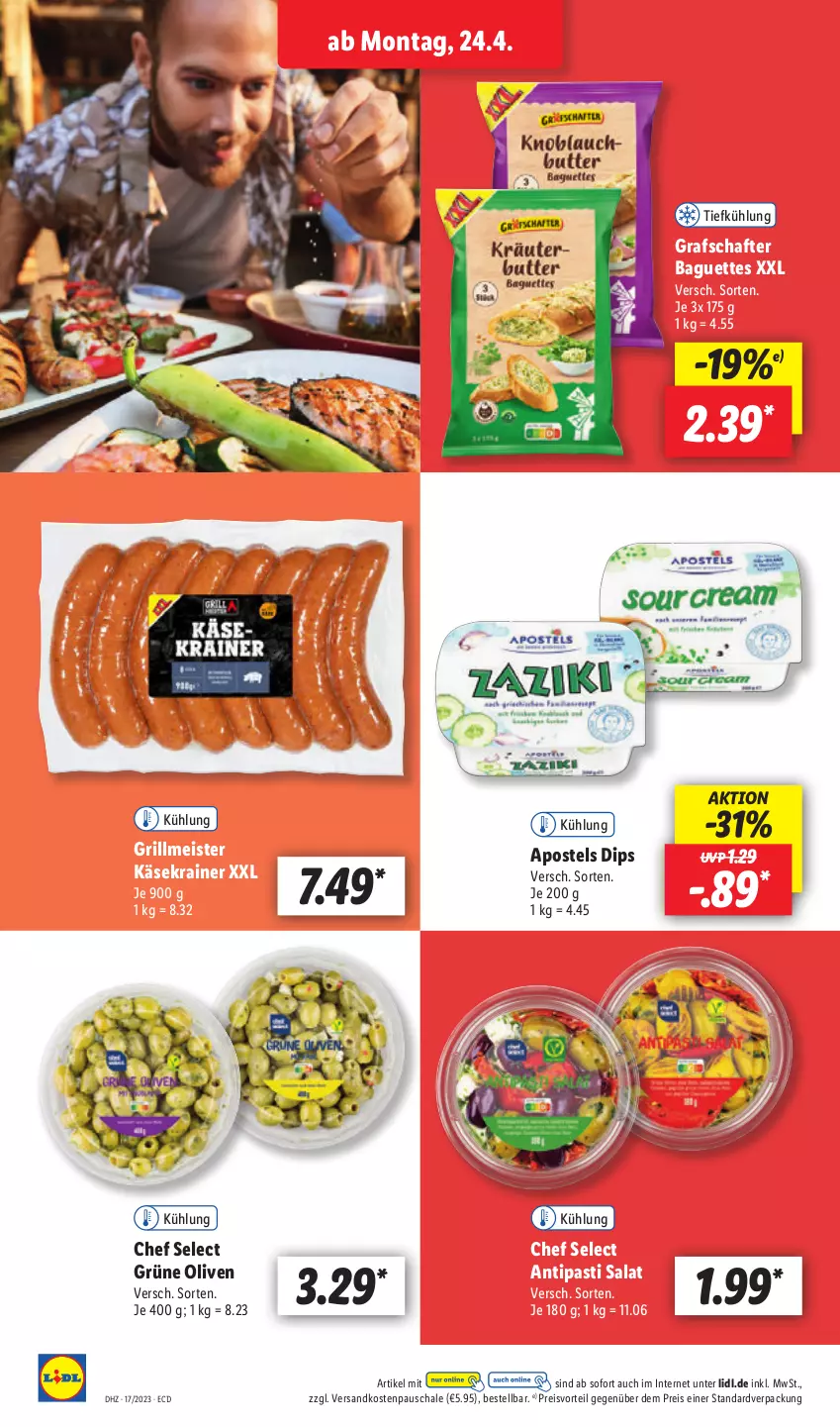 Aktueller Prospekt Lidl - Aktionsprospekt - von 24.04 bis 29.04.2023 - strona 16 - produkty: antipasti, apostels, asti, baguette, baguettes, dip, eis, grafschafter, grill, grüne oliven, Käse, Käsekrainer, Meister, ndk, olive, oliven, preisvorteil, reis, salat, Schal, Schale, Ti