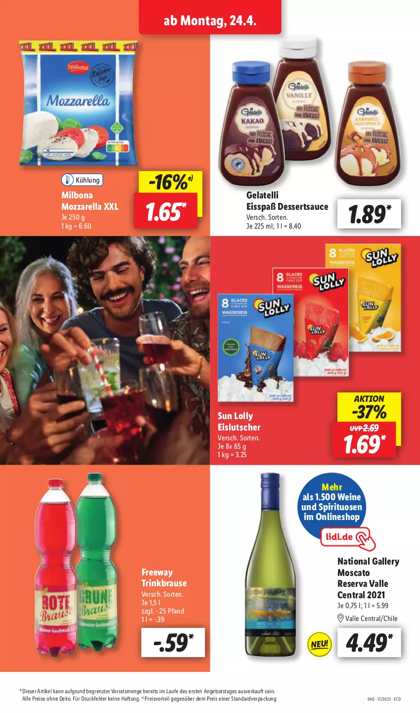 Aktueller Prospekt Lidl - Aktionsprospekt - von 24.04 bis 29.04.2023 - strona 17 - produkty: angebot, Bona, brause, dessert, desserts, dessertsauce, eis, Gelatelli, Lutscher, Milbona, mozzarella, preisvorteil, reis, rel, sauce, spirituosen, Ti, wein, weine, ZTE