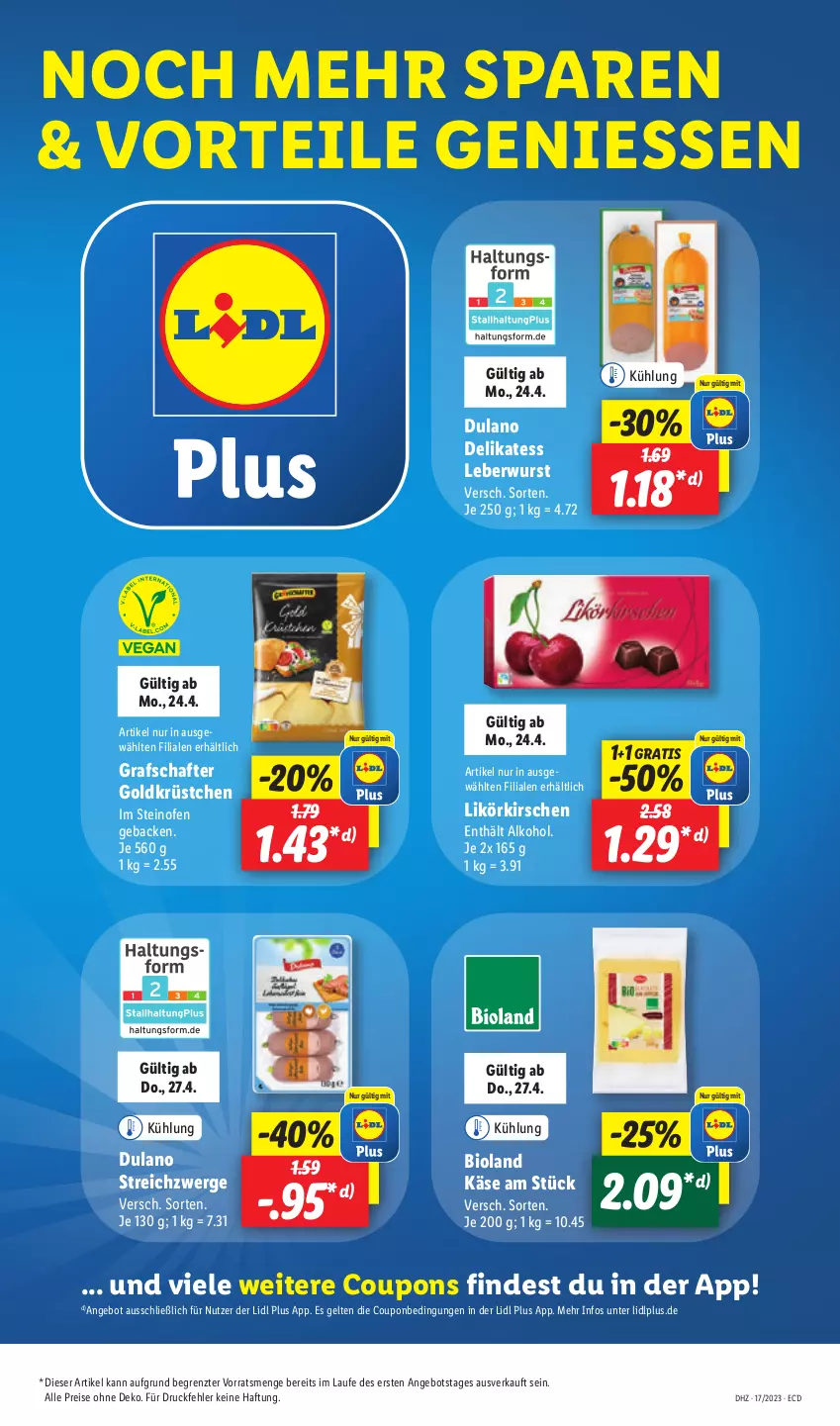 Aktueller Prospekt Lidl - Aktionsprospekt - von 24.04 bis 29.04.2023 - strona 19 - produkty: alkohol, angebot, bio, bioland, coupon, coupons, dulano, eis, geback, grafschafter, Käse, kirsch, kirsche, kirschen, leberwurst, likör, Ofen, reis, steinofen, Ti, wurst, ZTE