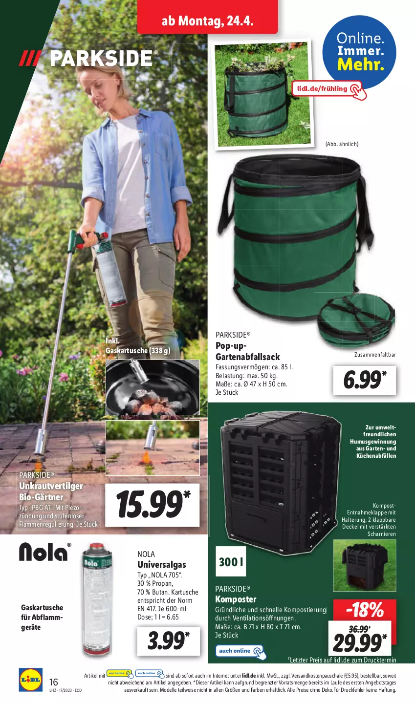 Aktueller Prospekt Lidl - Aktionsprospekt - von 24.04 bis 29.04.2023 - strona 24 - produkty: angebot, bio, decke, Deckel, dell, eis, elle, Garten, Komposter, Kraut, küche, Küchen, lamm, LG, Mode, ndk, Parkside, reis, sac, Schal, Schale, Stier, Ti, ZTE