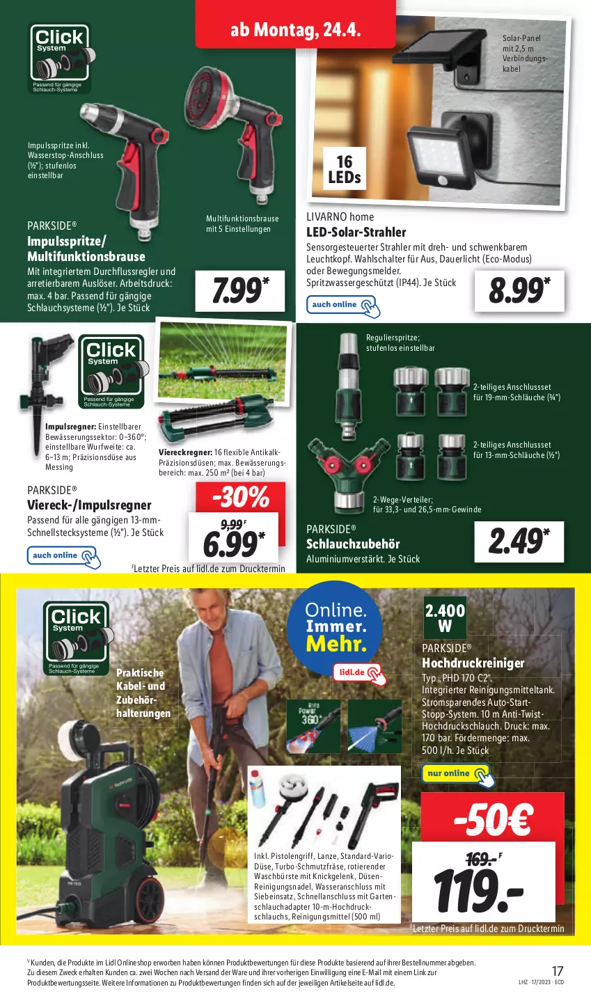 Aktueller Prospekt Lidl - Aktionsprospekt - von 24.04 bis 29.04.2023 - strona 25 - produkty: adapter, auer, auto, brause, bürste, eis, Garten, gartenschlauch, hochdruckreiniger, Impulsspritze, leds, Parkside, passend für alle, reiniger, Reinigung, Reinigungsmittel, reis, Schal, schlauch, schläuche, Schlauchzubehör, sekt, Ti, Tiere, tisch, Viereckregner, wasser, weck, ZTE