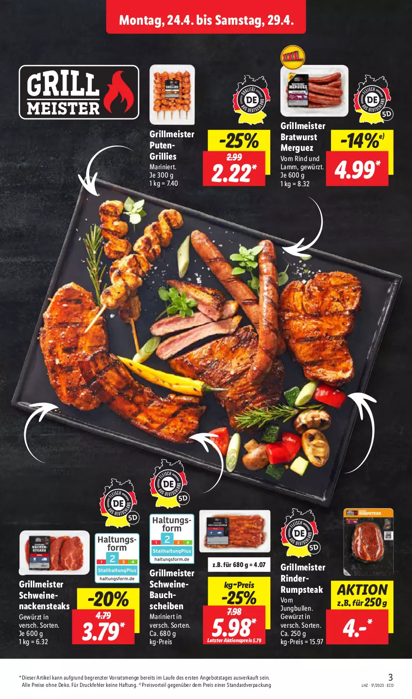 Aktueller Prospekt Lidl - Aktionsprospekt - von 24.04 bis 29.04.2023 - strona 3 - produkty: aktionspreis, angebot, Bau, bauchscheiben, bratwurst, eis, gewürz, grill, jungbullen, lamm, Meister, Nackensteak, nackensteaks, preisvorteil, pute, reis, rind, rinder, rum, rumpsteak, schwein, schweine, Schweinebauch, schweinebauchscheiben, schweinenacken, steak, steaks, Ti, wein, weine, wurst, ZTE