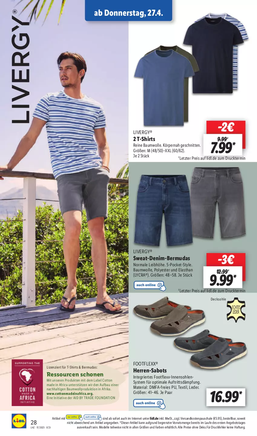 Aktueller Prospekt Lidl - Aktionsprospekt - von 24.04 bis 29.04.2023 - strona 38 - produkty: angebot, Bau, baumwolle, bermuda, bermudas, decksohle, dell, eis, elle, livergy, Mode, ndk, reine baumwolle, reis, Ria, Sabots, Schal, Schale, schnitten, shirt, shirts, T-Shirt, Ti, wolle, ZTE