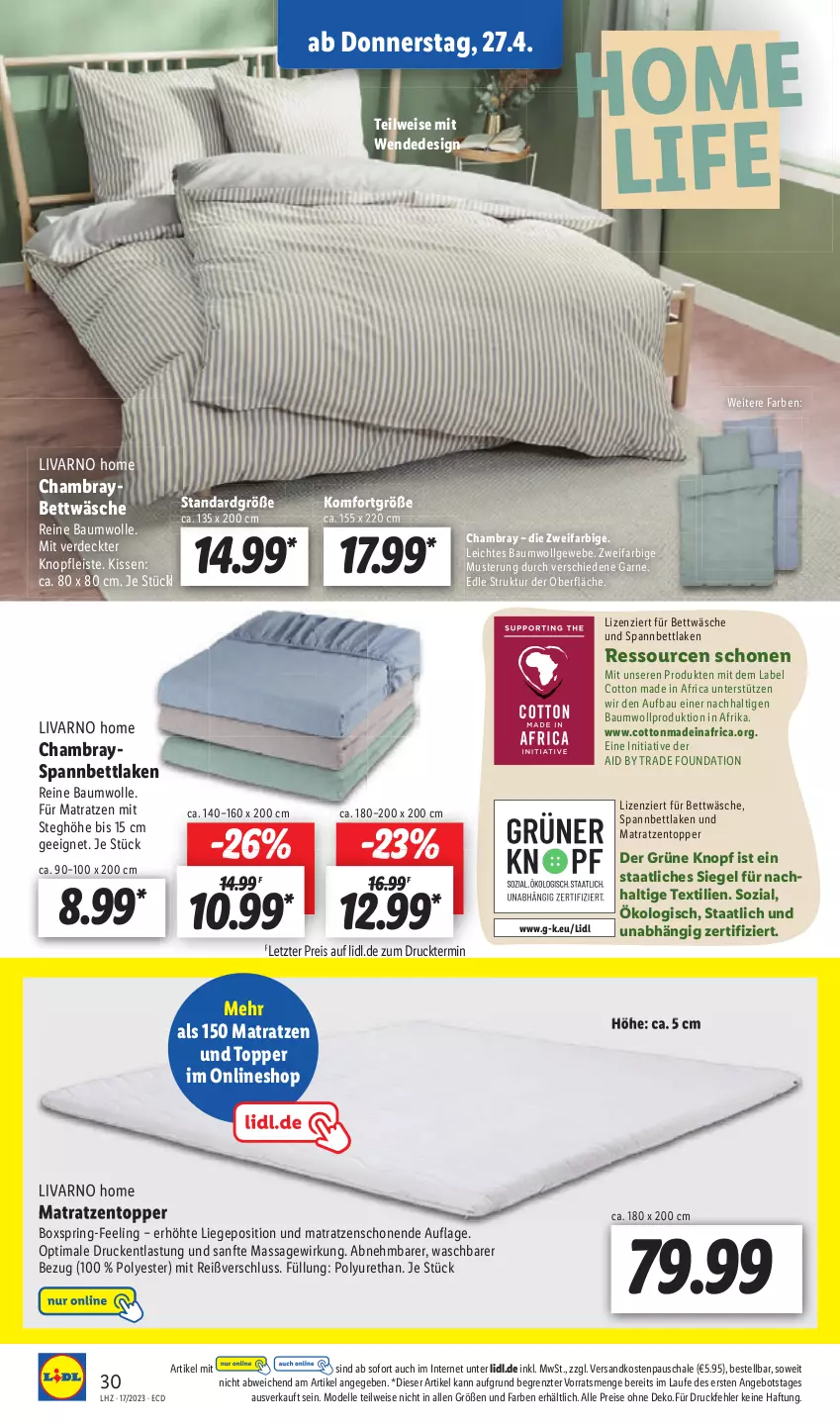 Aktueller Prospekt Lidl - Aktionsprospekt - von 24.04 bis 29.04.2023 - strona 40 - produkty: angebot, Bau, baumwolle, bett, bettwäsche, dell, eis, elle, erde, kissen, LG, Liege, matratze, matratzen, Matratzentopper, Mode, ndk, reine baumwolle, reis, ring, Schal, Schale, spannbettlaken, Ti, topper, und matratze, wolle, ZTE