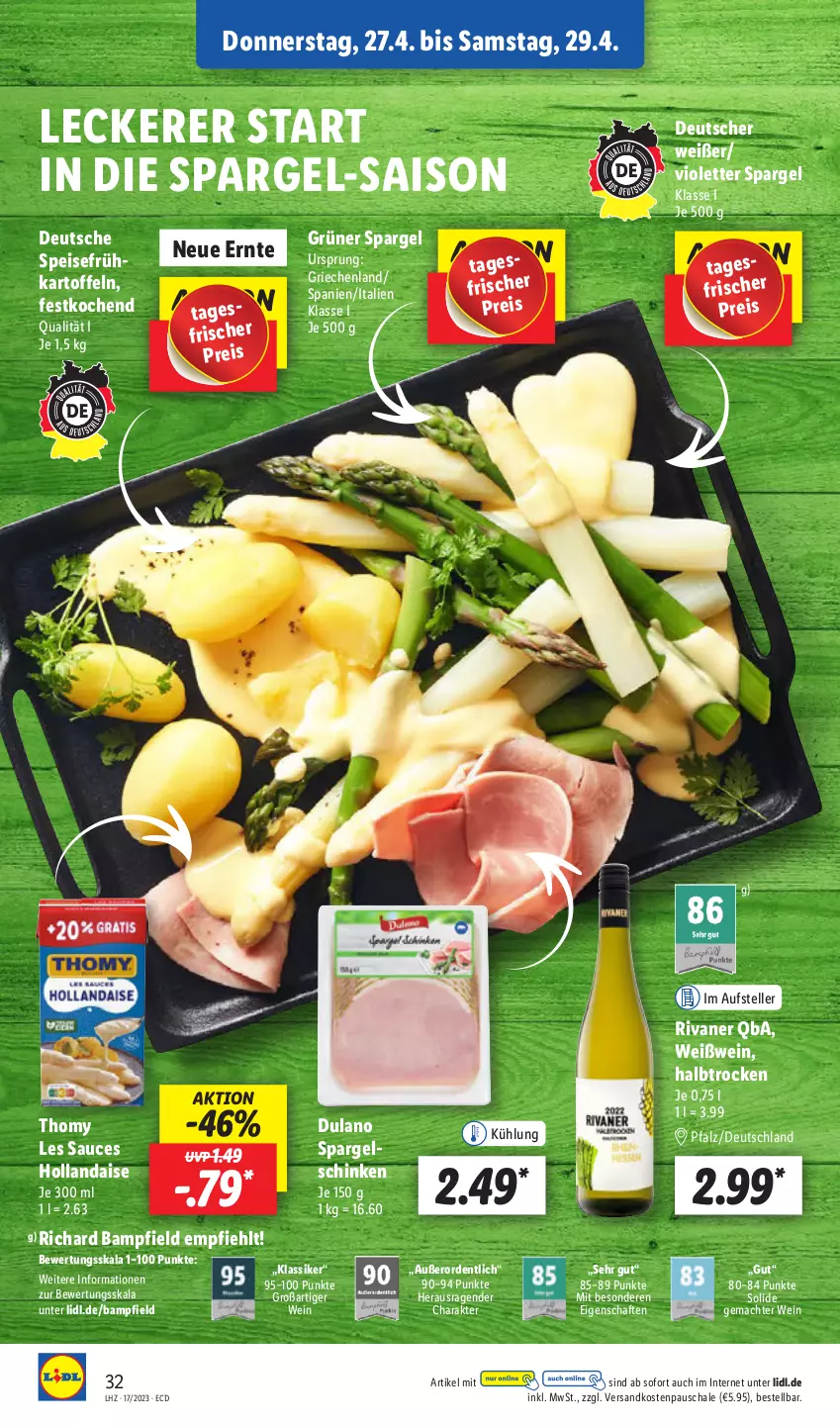 Aktueller Prospekt Lidl - Aktionsprospekt - von 24.04 bis 29.04.2023 - strona 42 - produkty: dulano, eis, elle, Frühkartoffeln, grüner spargel, hollandaise, kartoffel, kartoffeln, mac, ndk, reis, Rivaner, sauce, Schal, Schale, schinken, spargel, spargelschinken, speisefrühkartoffeln, teller, thomy, thomy les sauces, Ti, wein, Weißwein