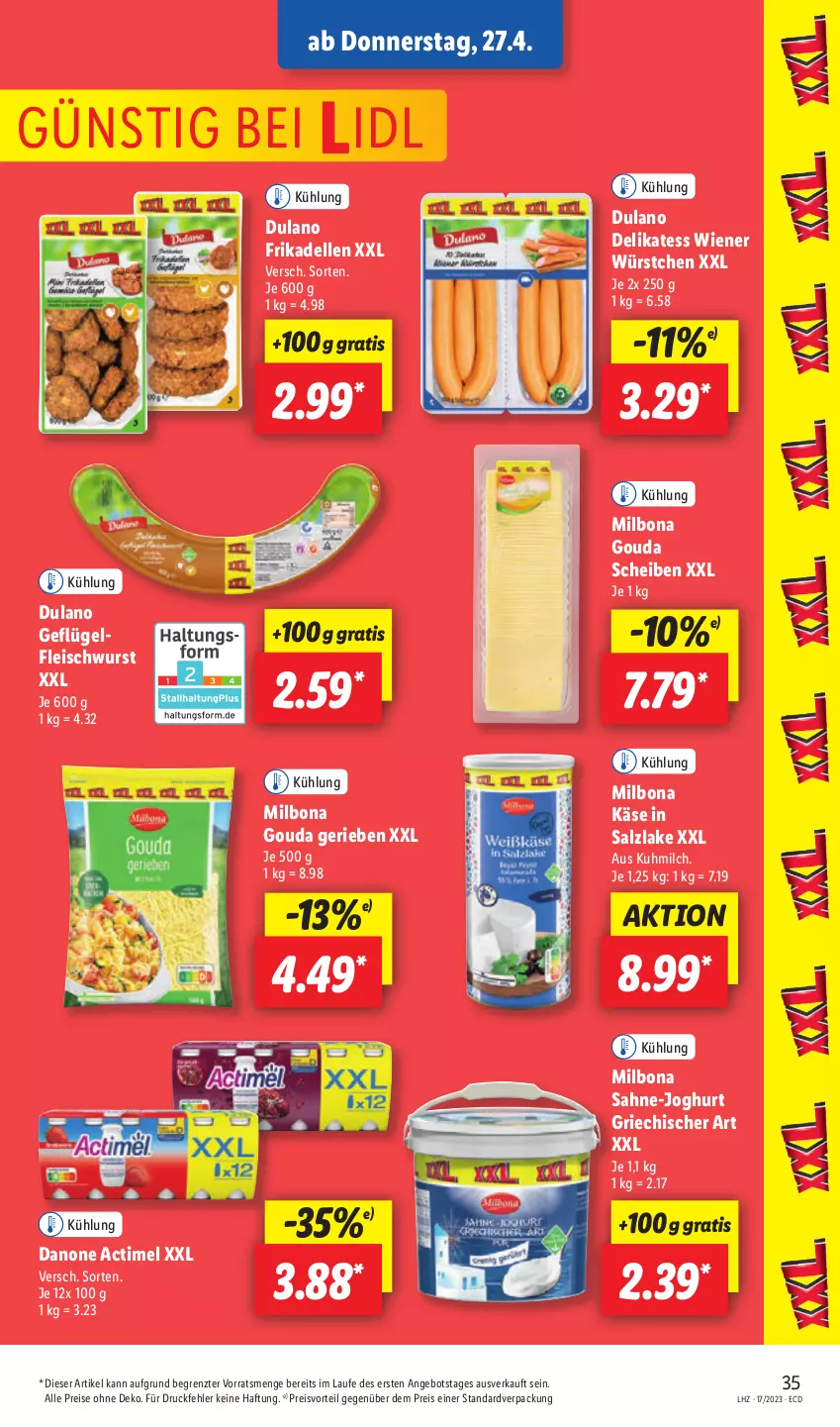 Aktueller Prospekt Lidl - Aktionsprospekt - von 24.04 bis 29.04.2023 - strona 45 - produkty: actimel, angebot, Bona, danone, dell, dulano, eis, elle, fleisch, fleischwurst, frikadellen, Geflügel, gouda, joghur, joghurt, Käse, Milbona, milch, preisvorteil, reis, sahne, salz, Ti, wiener, wiener würstchen, wurst, würstchen, ZTE