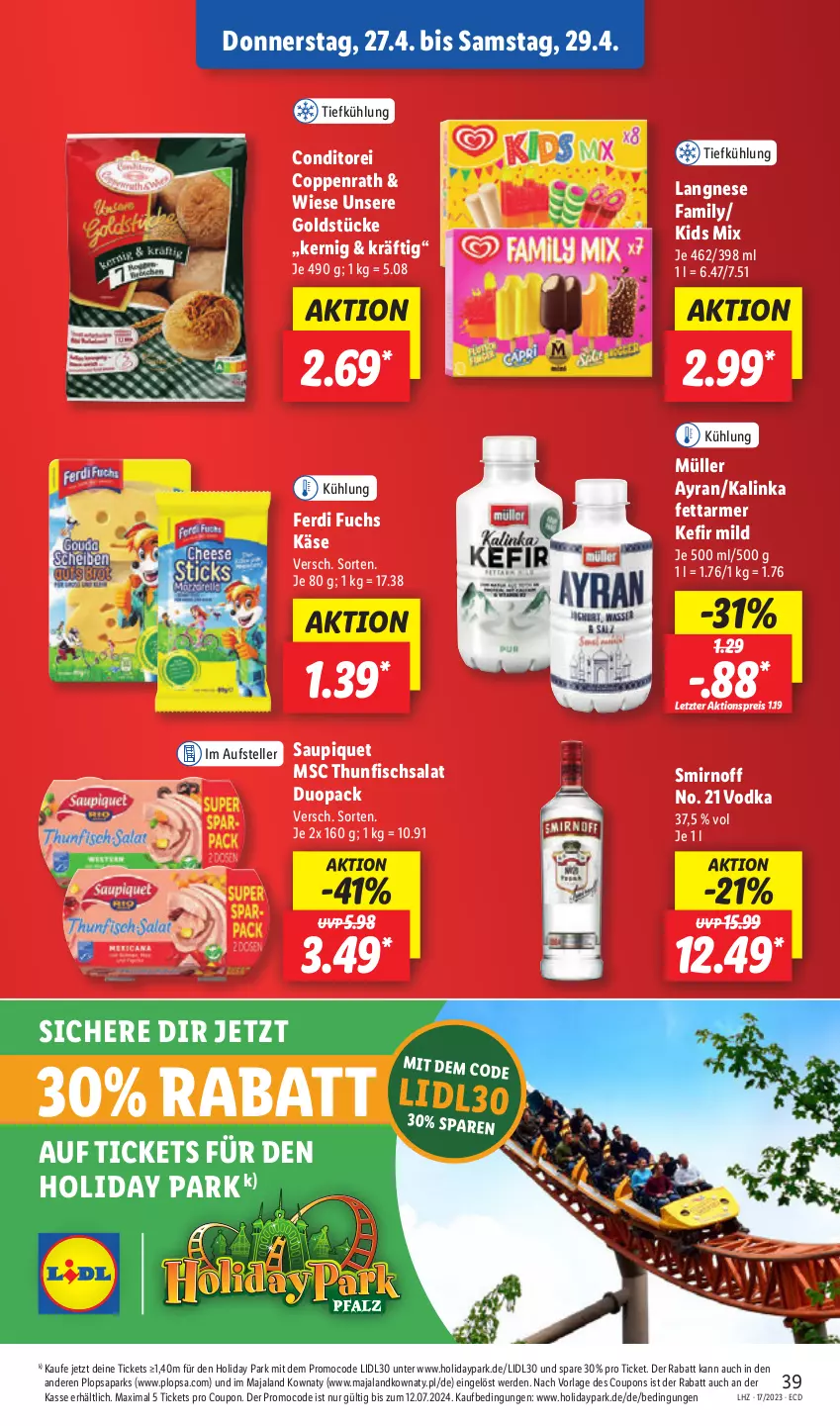 Aktueller Prospekt Lidl - Aktionsprospekt - von 24.04 bis 29.04.2023 - strona 51 - produkty: aktionspreis, Ayran, coppenrath, coupon, coupons, eis, elle, erde, ferdi fuchs, fisch, Goldstücke, Käse, Kefir, langnese, Müller, ndk, reis, salat, saupiquet, smirnoff, teller, thunfisch, Thunfischsalat, Ti, vodka, ZTE