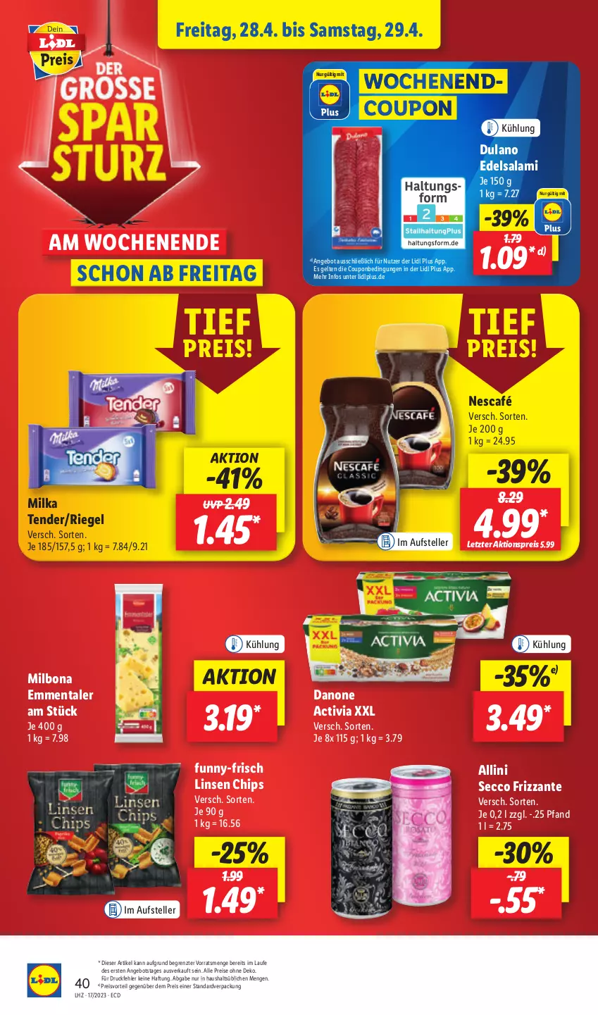 Aktueller Prospekt Lidl - Aktionsprospekt - von 24.04 bis 29.04.2023 - strona 52 - produkty: activia, aktionspreis, angebot, Bona, chips, coupon, danone, danone activia, drucker, dulano, ecco, Edelsalami, eis, elle, emmentaler, Engel, frizzante, funny-frisch, kerze, linsen, Milbona, milka, Nescafé, papier, preisvorteil, reis, riegel, salami, teller, tender, Ti, ZTE