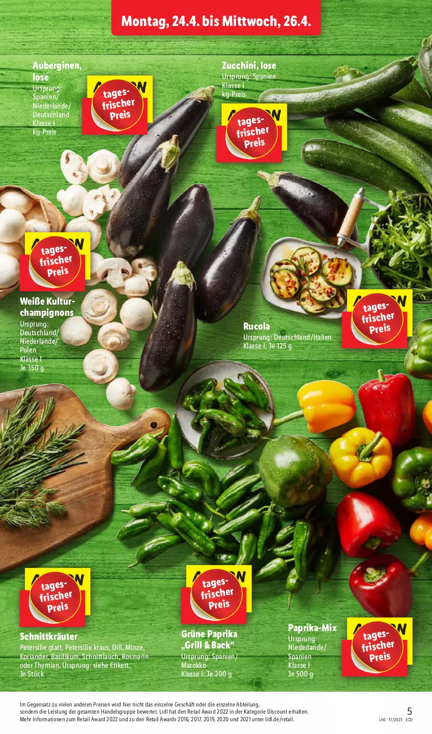 Aktueller Prospekt Lidl - Aktionsprospekt - von 24.04 bis 29.04.2023 - strona 7 - produkty: Abtei, aubergine, auberginen, basilikum, champignon, champignons, cola, discount, eis, gin, grill, Koriander, kräuter, minze, paprika, petersilie, reis, Ria, rosmarin, rucola, schnittlauch, Ti, zucchini