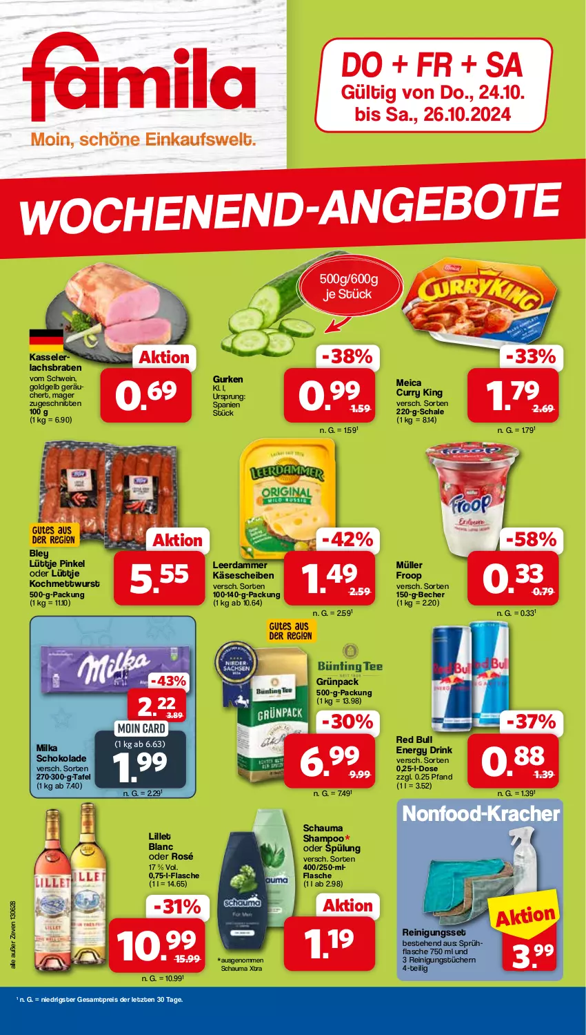 Aktueller Prospekt Famila - Prospekte - von 24.10 bis 26.10.2024 - strona 1 - produkty: Becher, bley, braten, curry, drink, eis, energy drink, flasche, froop, gurke, gurken, Käse, käsescheiben, kasseler, kracher, lachs, Lachsbraten, leerdammer, lillet, meica, Mett, mettwurst, milka, milka schokolade, Müller, müller froop, red bull, Reinigung, reis, Schal, Schale, schauma, schauma shampoo, schnitten, schoko, schokolade, schwein, shampoo, spülung, Ti, tücher, wein, wurst, ZTE