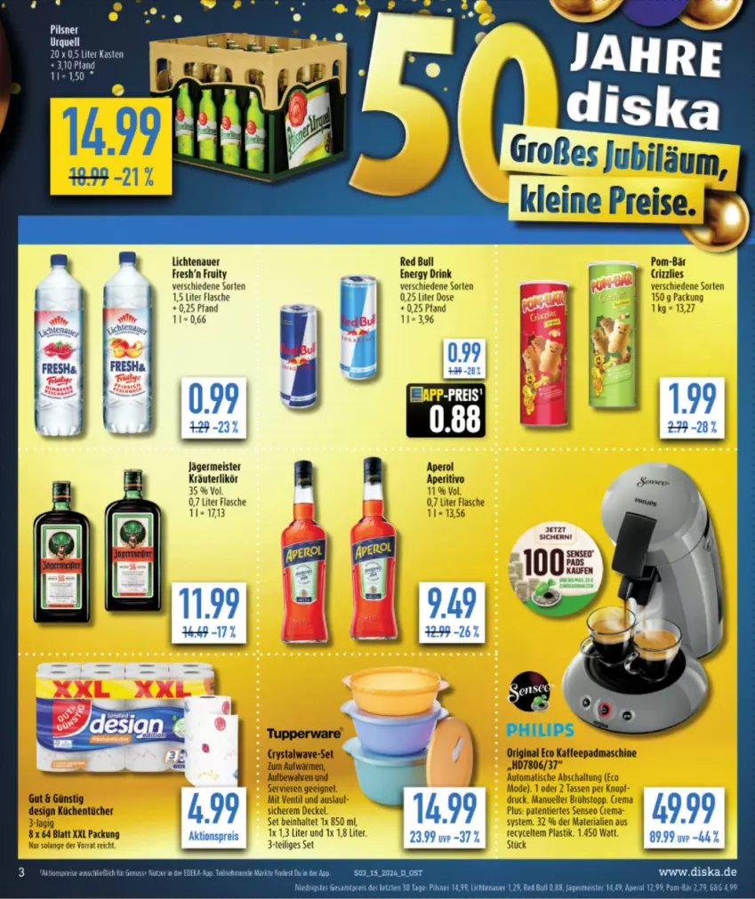 Aktueller Prospekt Diska - von 08.04 bis 13.04.2024 - strona 3 - produkty: aktionspreis, Alwa, aperol, asti, auer, auto, decke, Deckel, drink, eis, elle, energy drink, flasche, Germ, gin, jägermeister, kaffee, kräuter, kräuterlikör, küche, Küchen, küchentücher, lichtenauer, likör, Meister, Mode, Philips, pils, pilsner, pilsner urquell, pom-bär, red bull, reis, Ria, Schal, senseo, tasse, Ti, tisch, tücher