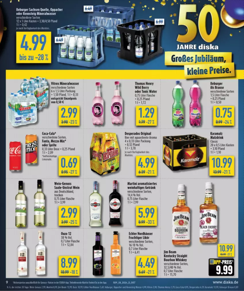 Aktueller Prospekt Diska - von 08.04 bis 13.04.2024 - strona 9 - produkty: Alwa, bier, bourbon, bourbon whiskey, brause, burger, desperados, drink, eis, elle, ente, fanta, flasche, frucht, getränk, gin, jim beam, kentucky straight, leine, likör, malz, martini, Mezzo Mix, mineralwasser, nuss, oder sprite, rama, reis, sac, sprite, thomas henry, Ti, tonic, tonic water, tuc, vitrex, wasser, wein, whiskey, Wild, wild berry